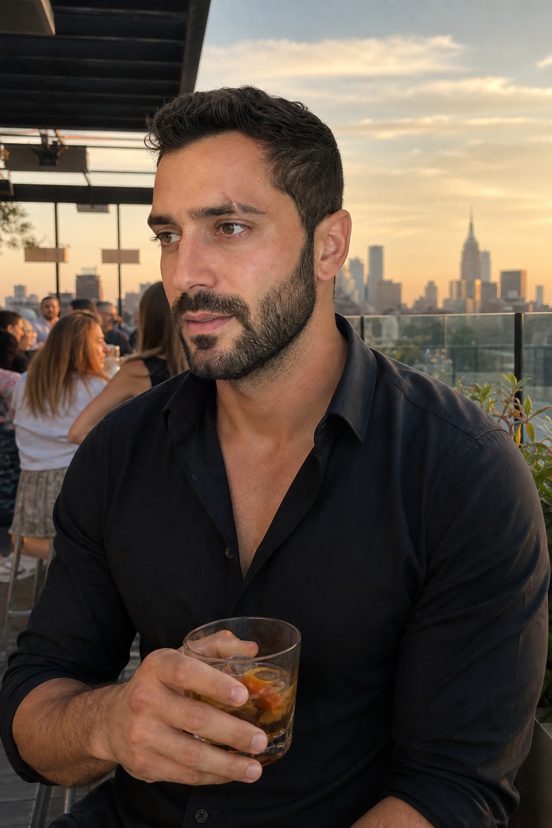 An AI-generated example photo: a man on a rooftop bar at golden hour, city skyline behind