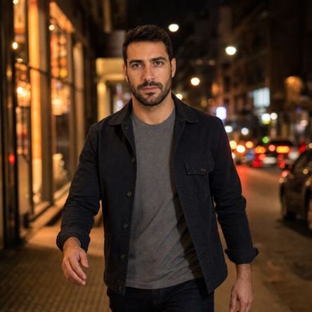 Example AI photo: city street at night, warm lights and bokeh